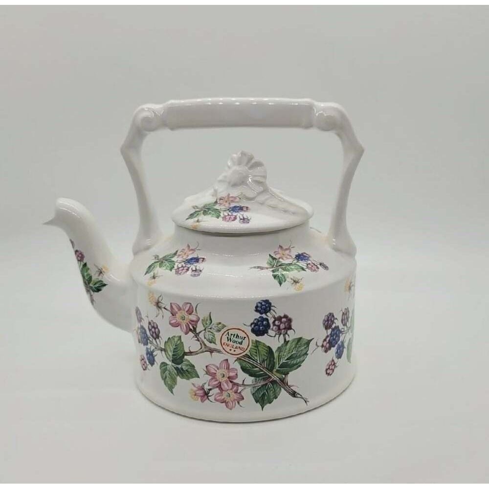 Arthur Wood England Blackberry Floral Ceramic Teapot Vintage White